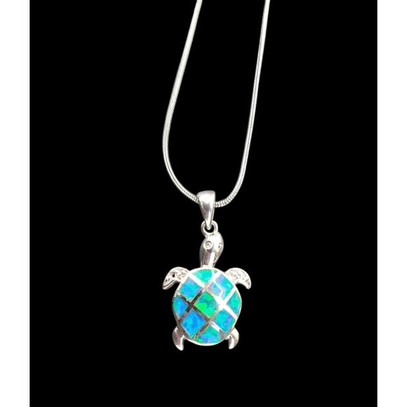 Sea Turtle Pendant Sterling Silver Blue Green Inlay Necklace Chain Is Not Silver - Picture 2 of 10
